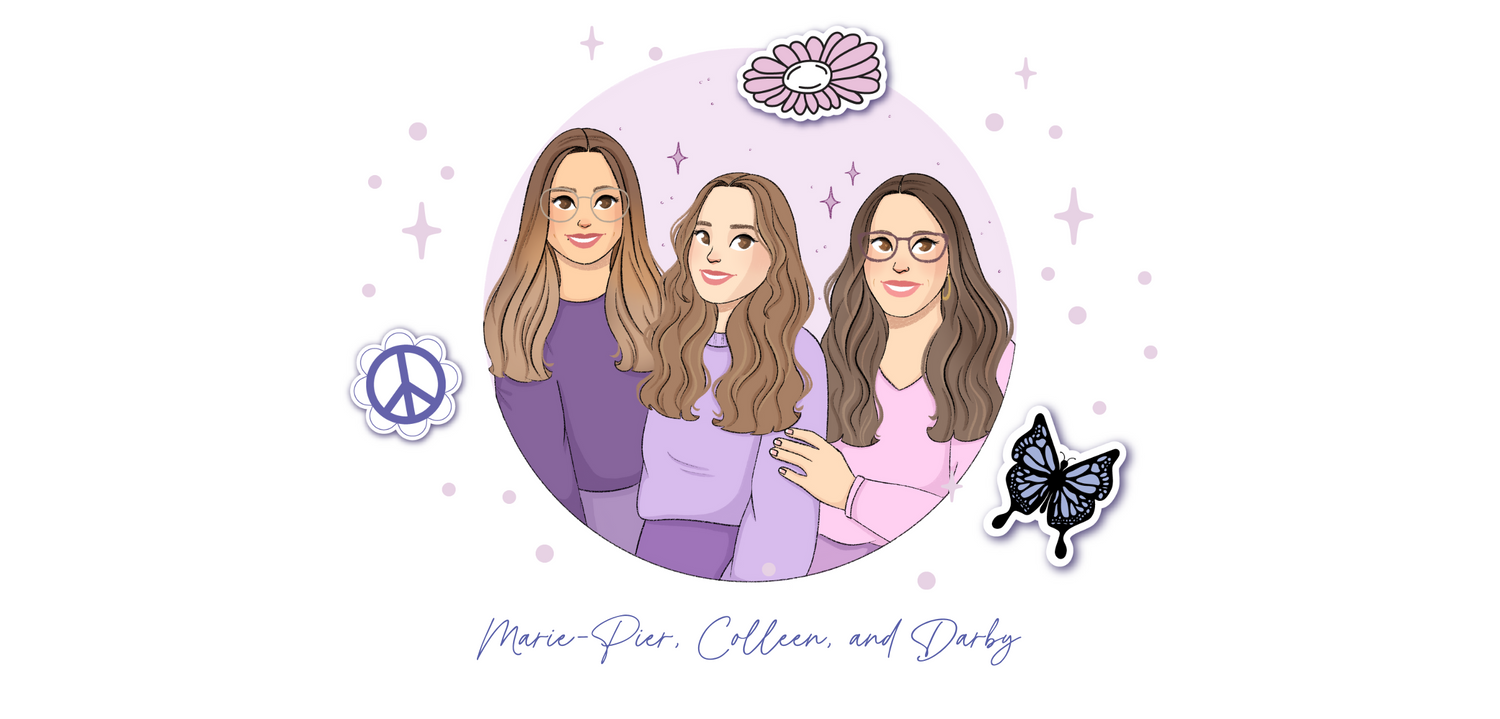 Illustration of three women with a decorative border featuring symbols and text on a white background