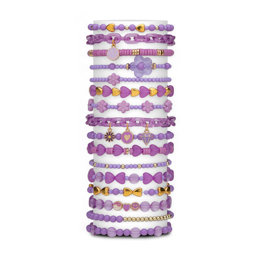 Stack of purple beaded bracelets with various charms on a white background