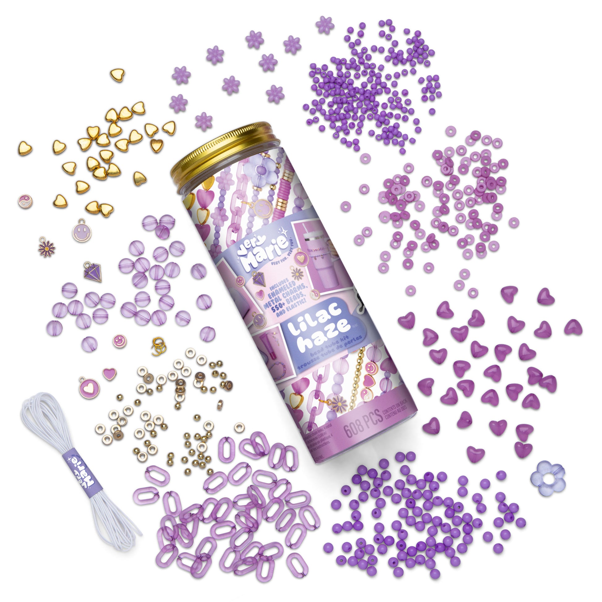 Tube of 'Lilac Haze' beads with scattered purple and gold beads on a white background