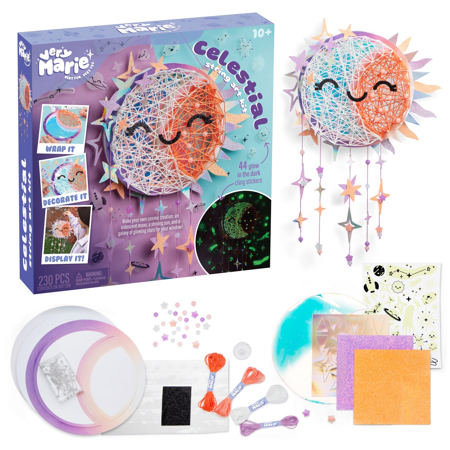 Celestial string art package next to finished string art, with contents displayed at the bottom.