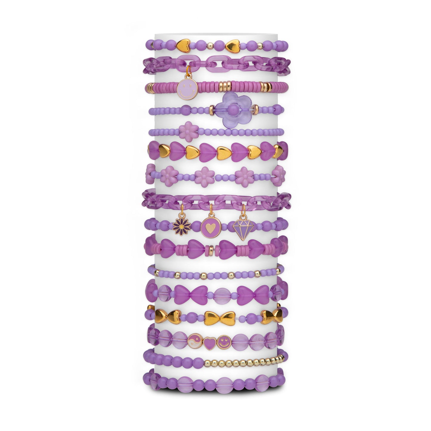 Stack of purple beaded bracelets with various charms on a white background