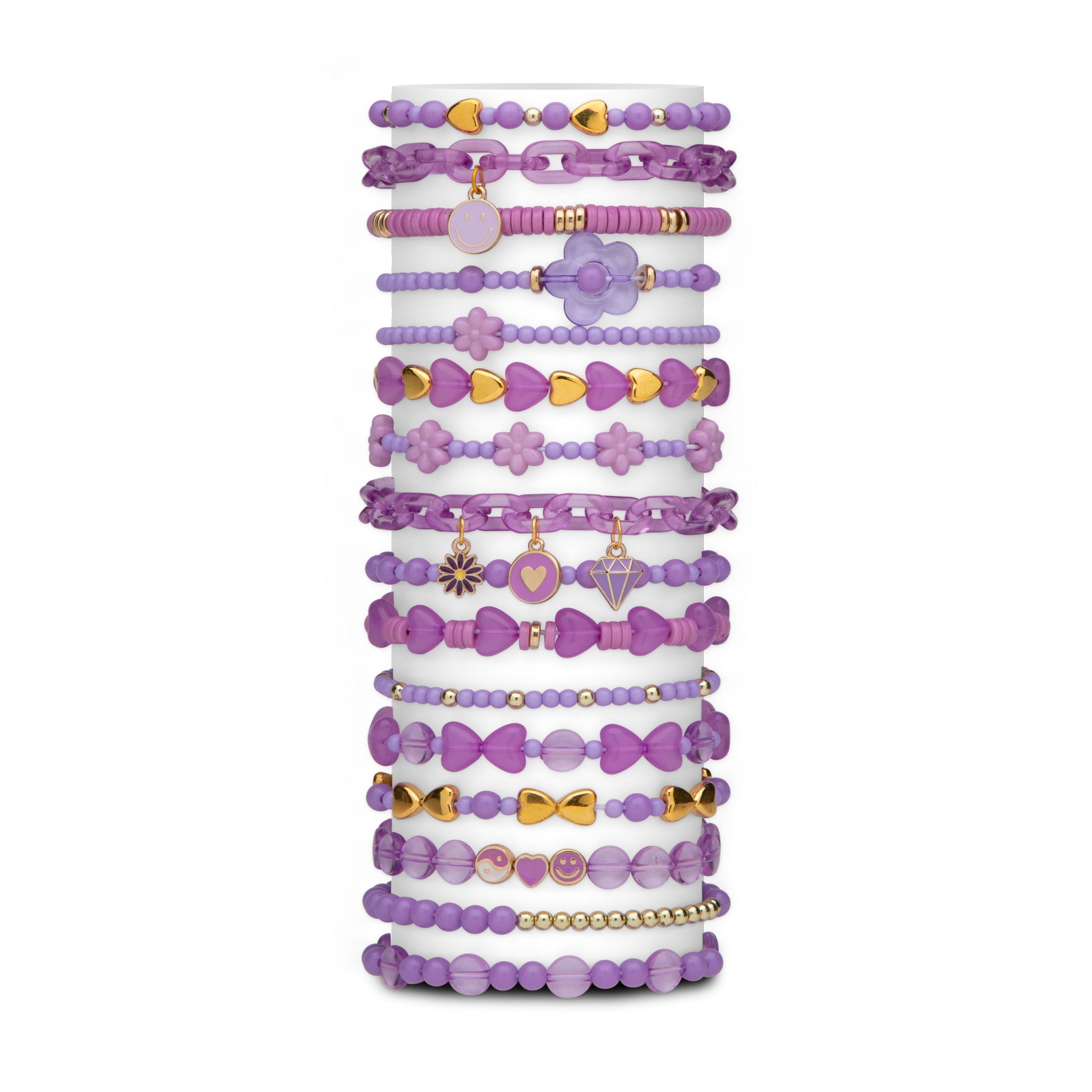 Stack of purple beaded bracelets with various charms on a white background