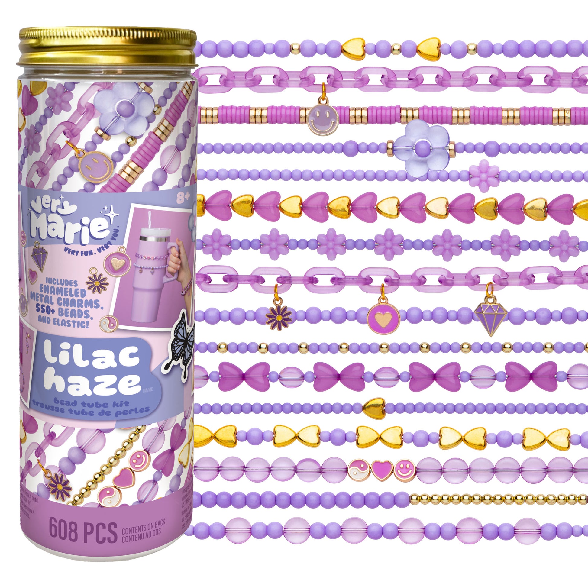 Tube of beaded jewelry with 'Jen Marie' branding and purple beads.