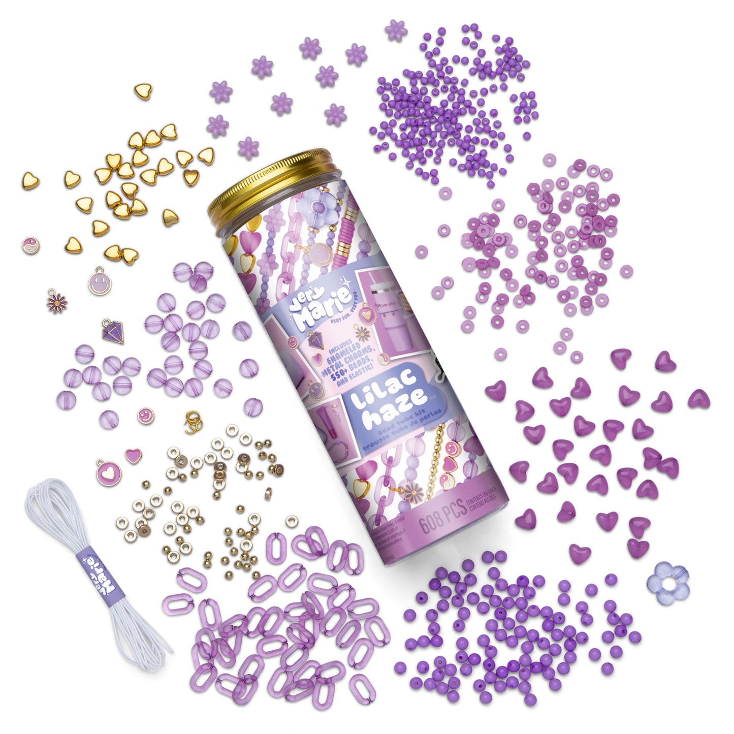 Tube of 'Lilac Haze' beads with scattered purple and gold beads on a white background