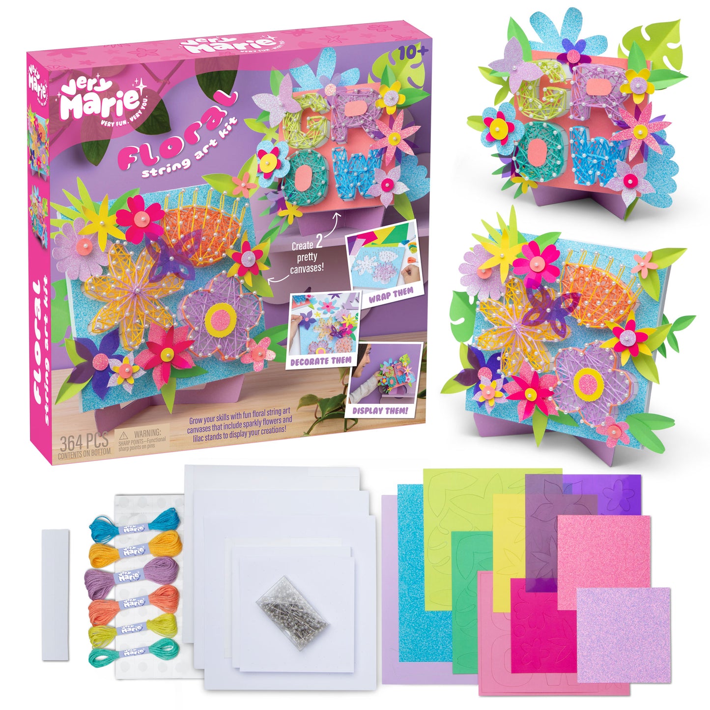 Floral string art package next to 2 finished string art kits plus the contents.