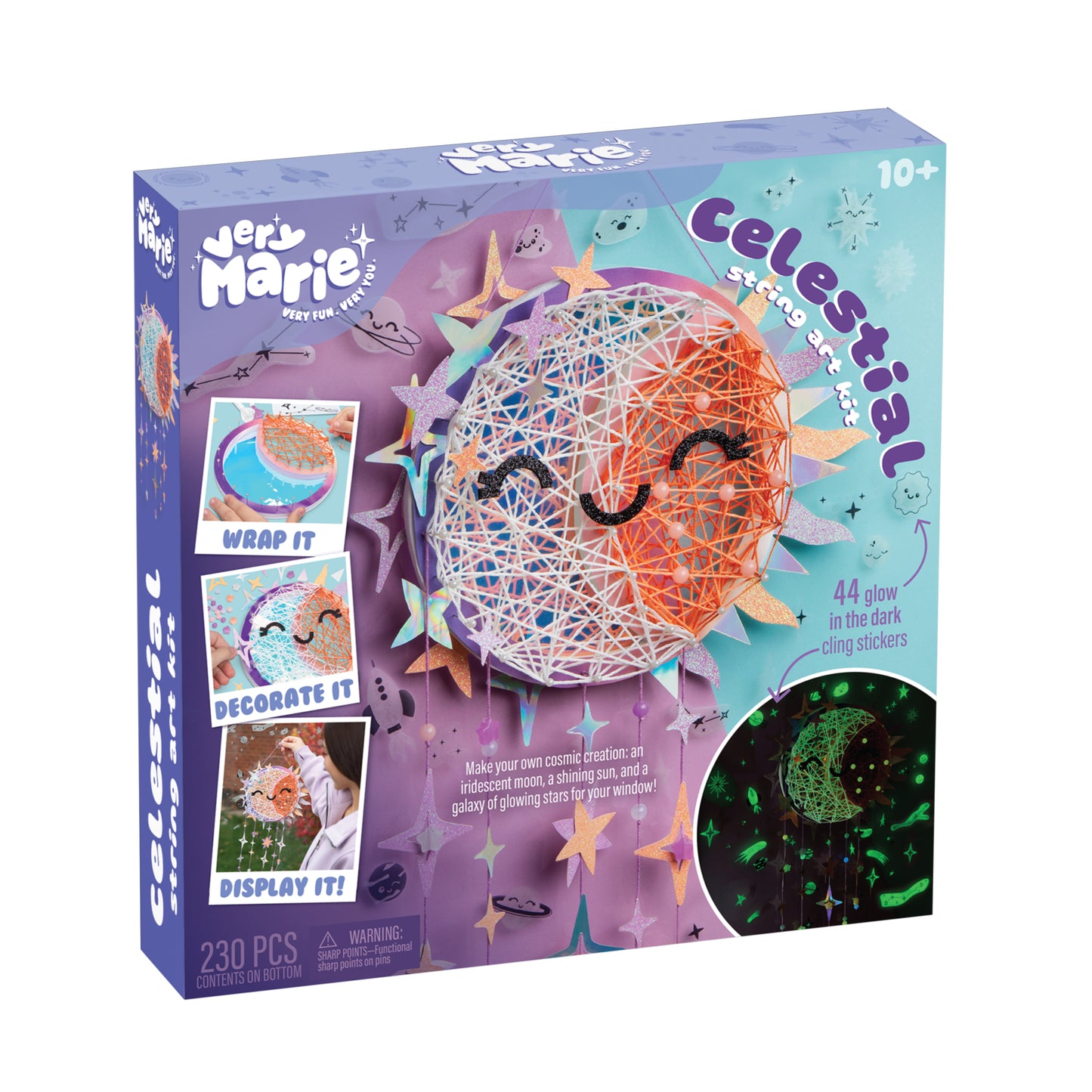 Celestial string art package with a sun/moon shown on the front and a dark picture showing that the string, cling stickers, and beads glow.