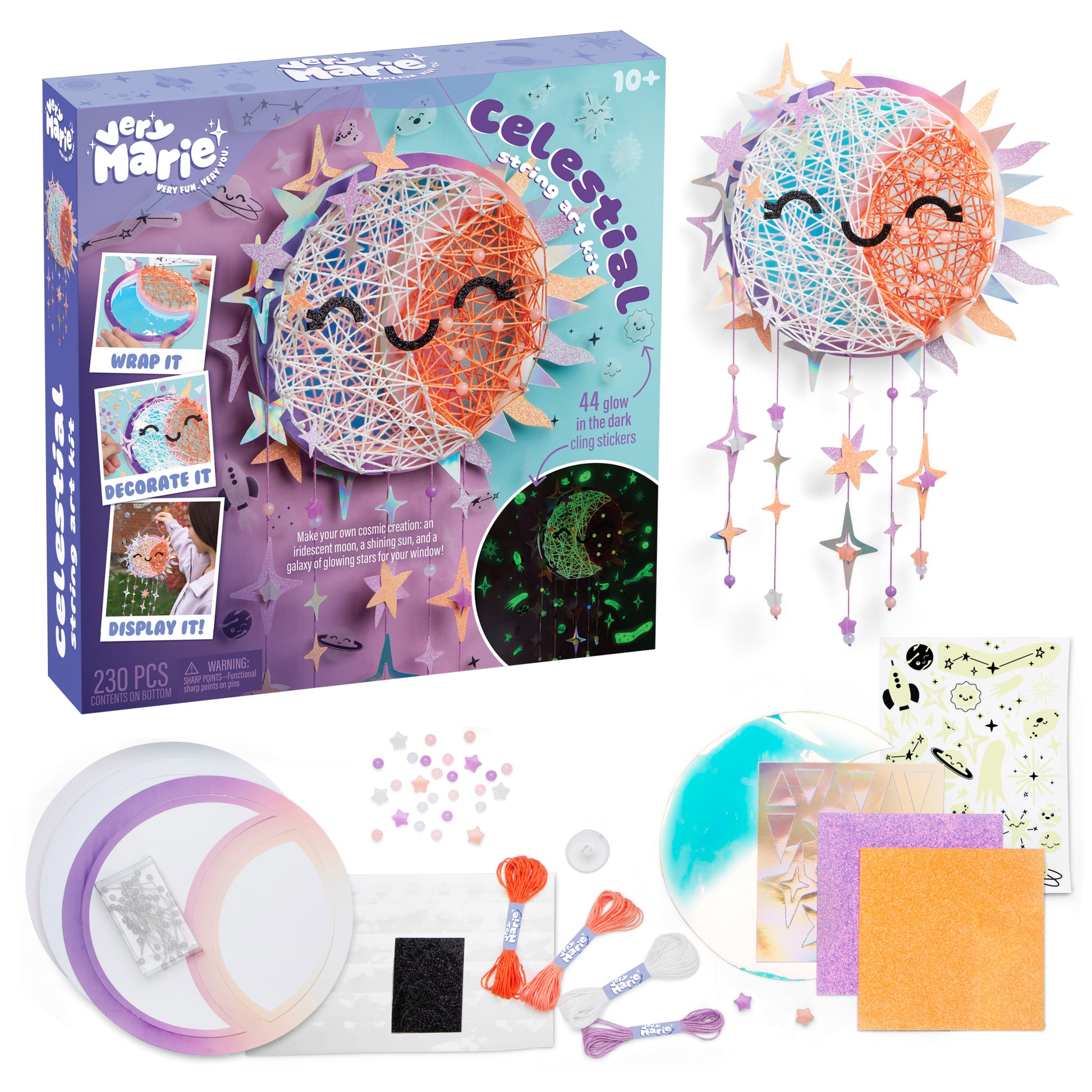 Celestial string art package next to finished string art, with contents displayed at the bottom.